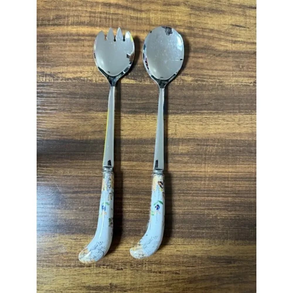 Vintage Sheffield England 2-Piece Salad Set Porcelain Floral Handles